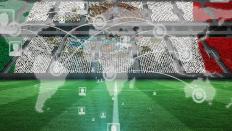 animation of network of connections, world map over mexican flag on empty stands in sports stadium