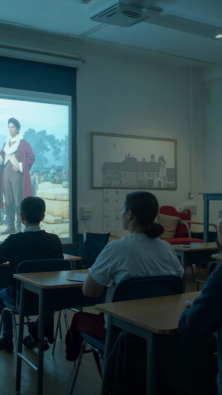 Vertical video: Lights dimming, students at desks watching projected scene in classroom for lesson