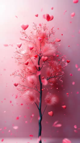 Romantic heart tree with falling petals. A vibrant tree adorned with heart shapes, surrounded by cascading petals, creating a romantic atmosphere.