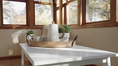 hot water kettle with mugs and a plant inside of a tray in the sunroom of a home