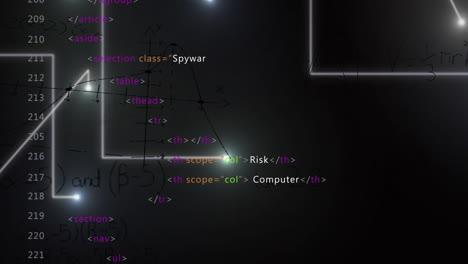 animación de procesamiento de datos y ecuaciones matemáticas sobre puntos de conexión en fondo negro