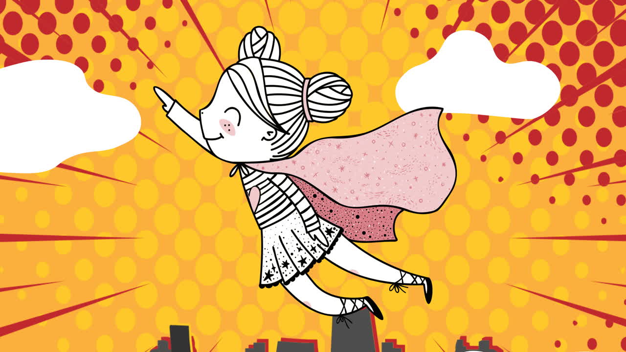 animación de la hada superhéroe volando sobre nubes y paisaje urbano sobre fondo amarillo