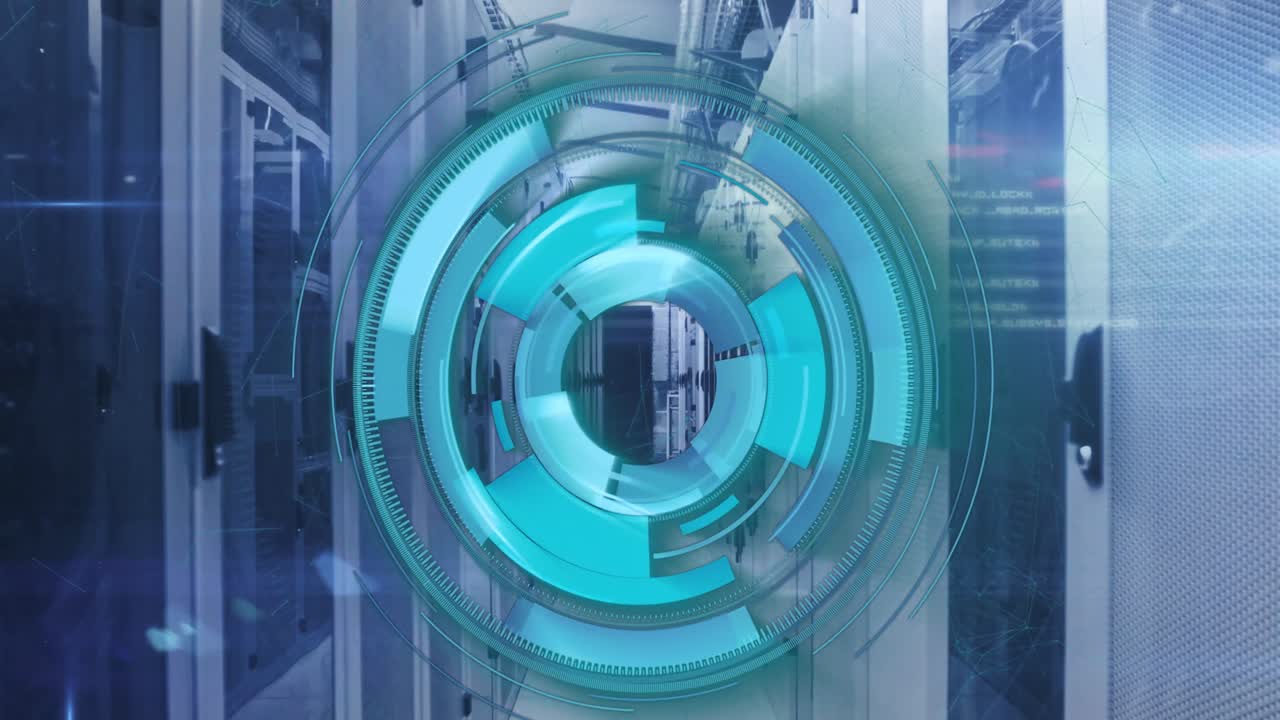 animazione di cerchi di caricamento e linguaggio informatico sulla sala server