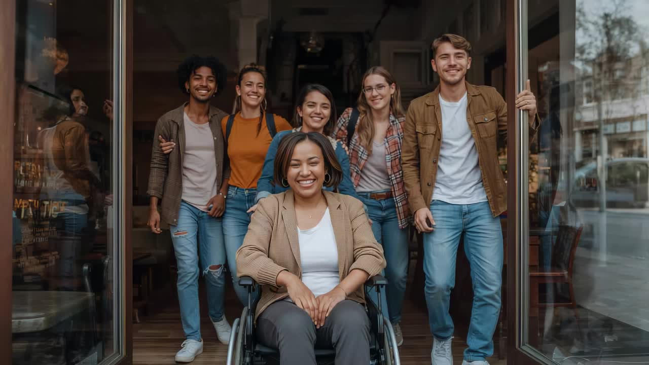 Smiling six friends, woman wearing blazer in wheelchair moving into shop after man giving thumbs-up
