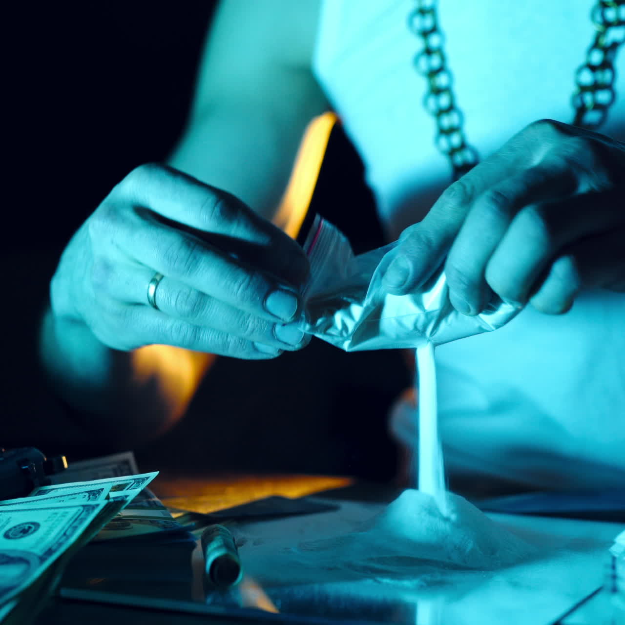 Drug dealer takes a package with a drug and cuts it with a knife to sample it. Abuse of drugs. Criminal Business