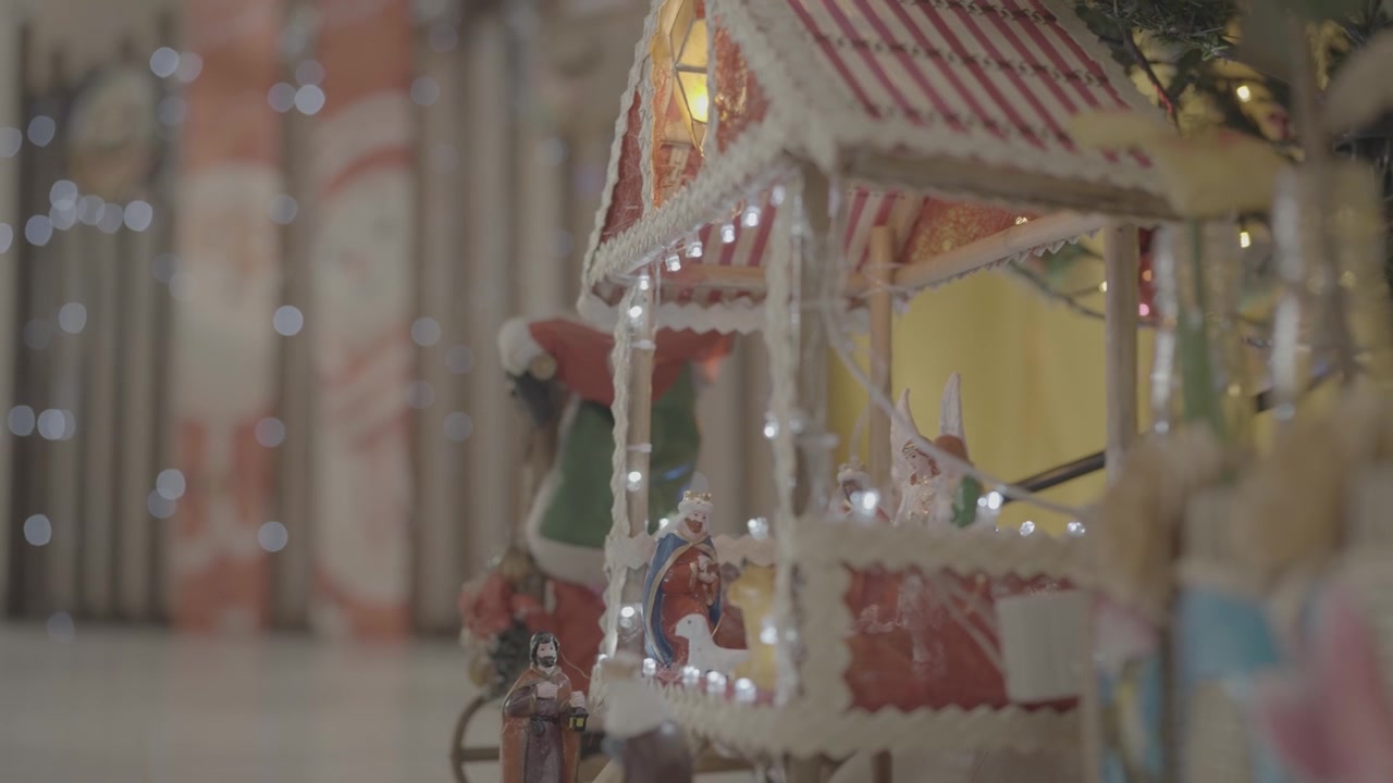 4K S-Log close-up footage of Christmas ornaments featuring detailed festive decorations with warm holiday lighting, ideal for seasonal, commercial, and holiday-themed video projects.