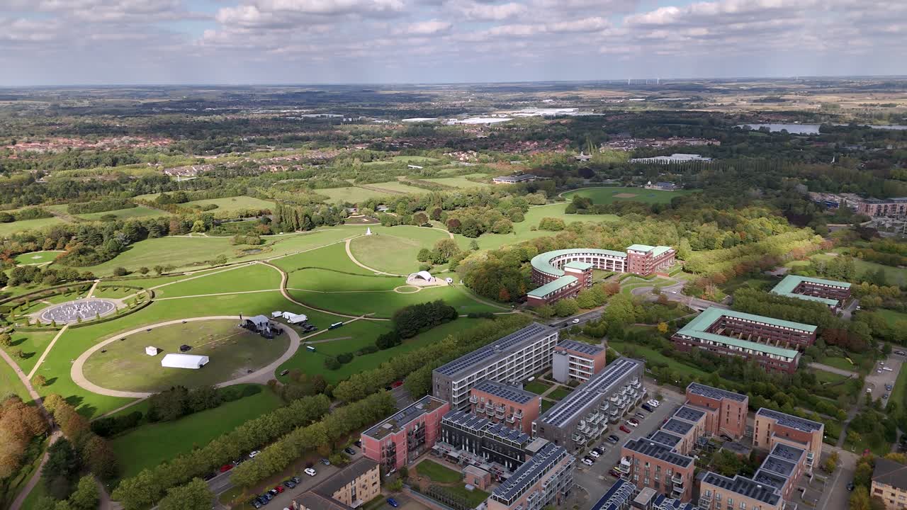 Aerial view over Avebury Boulevard Milton Keynes towards Campbell park contemporary art installation