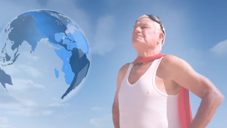 Animation-of-globe-and-senior-caucasian-man-over-sky