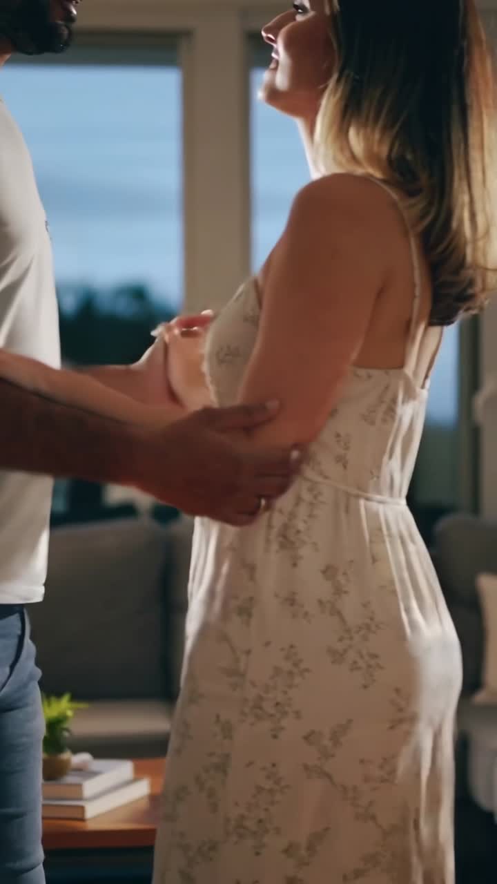 Video verticale: Coppia che si tiene per mano a casa, l'uomo in maglietta tocca il braccio della donna in abito floreale.