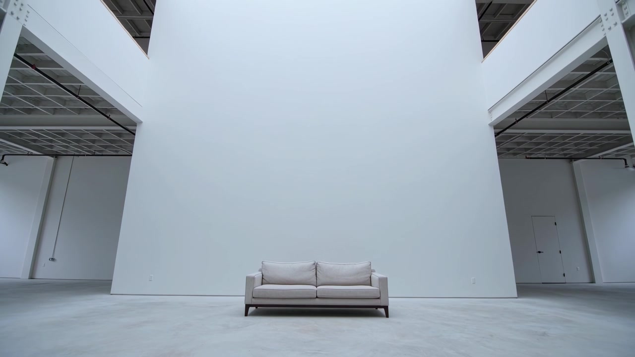 Telecamera che si allontana, rivelando uno spazio espositivo per mostrare la scala architettonica, il soppalco, il lucernario e il divano.