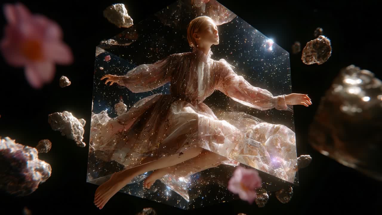 A surreal ethereal figure gracefully suspended in a crystalline environment, adorned with shimmering particles and delicate flowers, evoking a dreamlike ambiance that transcends reality