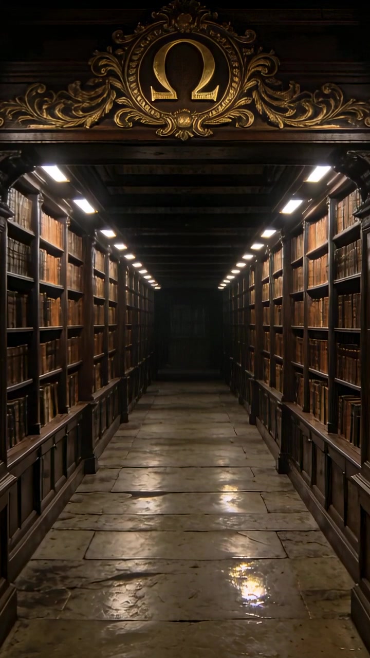 Vertical video: Tracking camera starting under Omega arch, moving down stacks, showing depth, books
