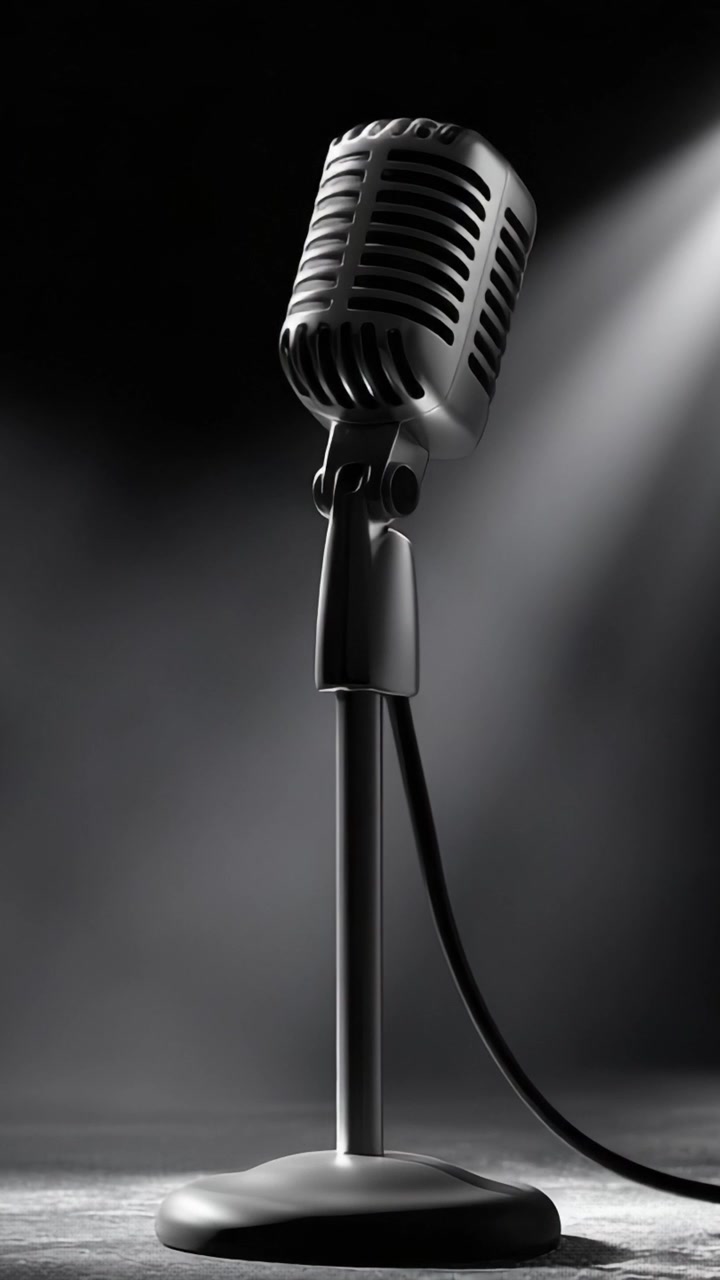 A Classic Vintage Microphone in a Spotlight Setting, Perfectly Captured in Stunning Detail with Dramatic Lighting and a Striking Background for Musical Performances