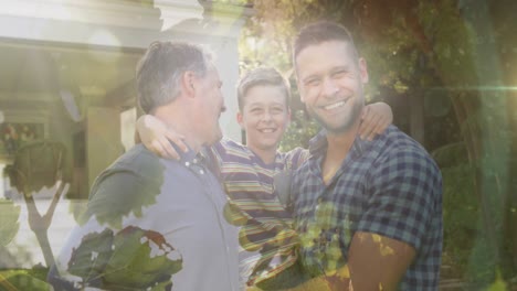 Animation-of-caucasian-family-smiling-over-leaves