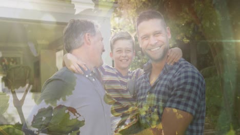 animación de una familia caucásica sonriendo sobre las hojas