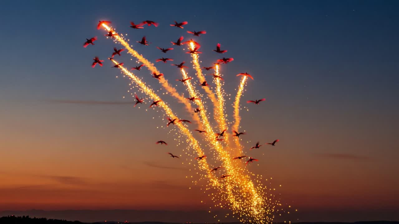 A Stunning Display of Colorful Sparks and Flights: Explosive Contrails Pierce the Sky as Birds Soar Beneath a Vibrant Twilight Horizon