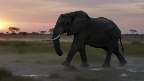 an elephant walking through a misty savanna at sunrise or sunset