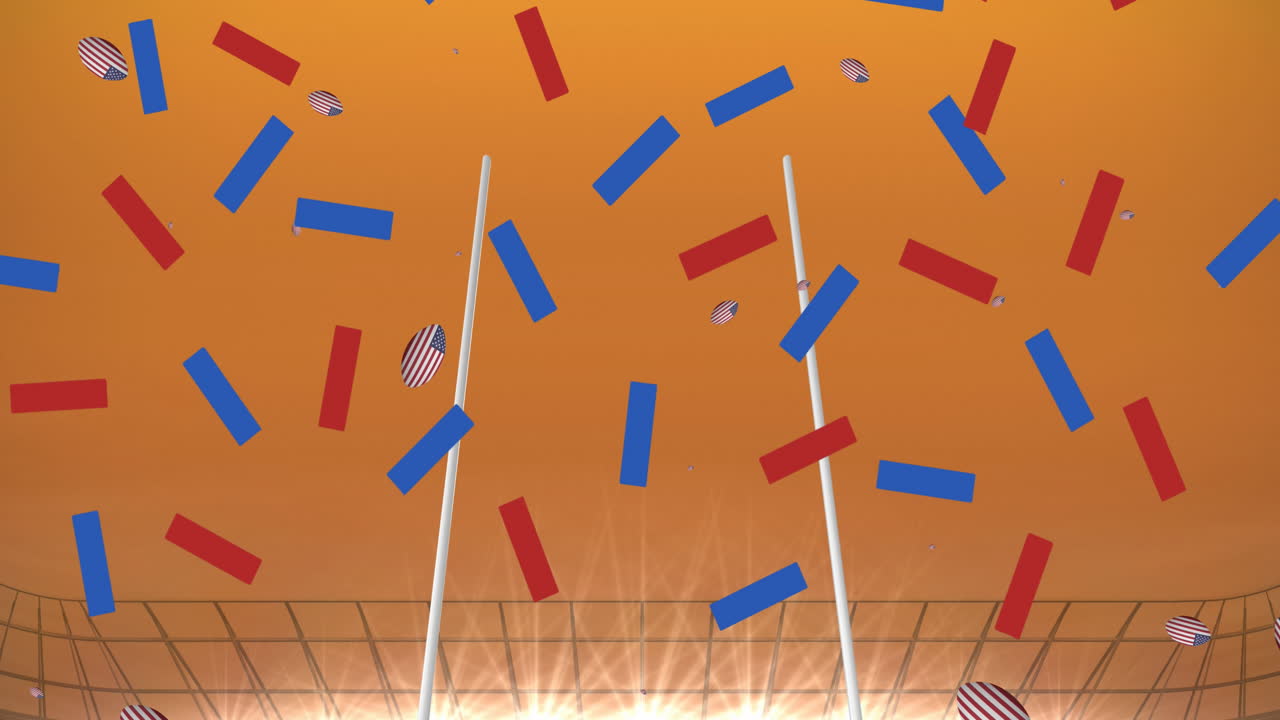 Animation of confetti over rugby balls coloured with american flag falling at stadium