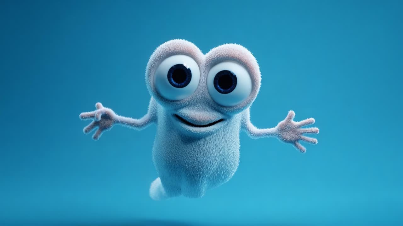 A cheerful, animated character with large expressive eyes and a fluffy texture joyfully greets the audience, showcasing a playful and inviting personality against a vibrant blue background