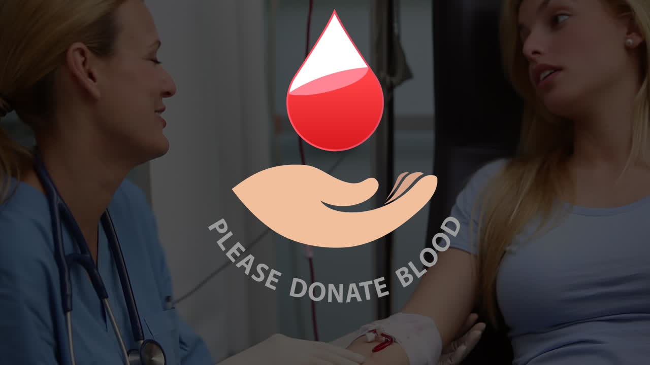 анимация капли крови и, пожалуйста, пожертвовать кровь текст над кавказской женщины-врача с пациентом