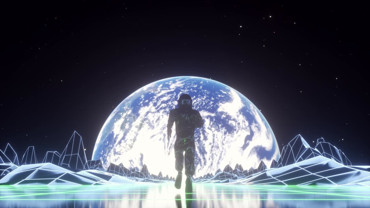 우주비행사는 박이는 네온 불빛으로 둘러싸여 달린다. 음악과 나이트클럽 개념. 레트로 80년대 스타일의 신스 웨이브 배경