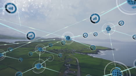 animation of network of connections with icons over landscape