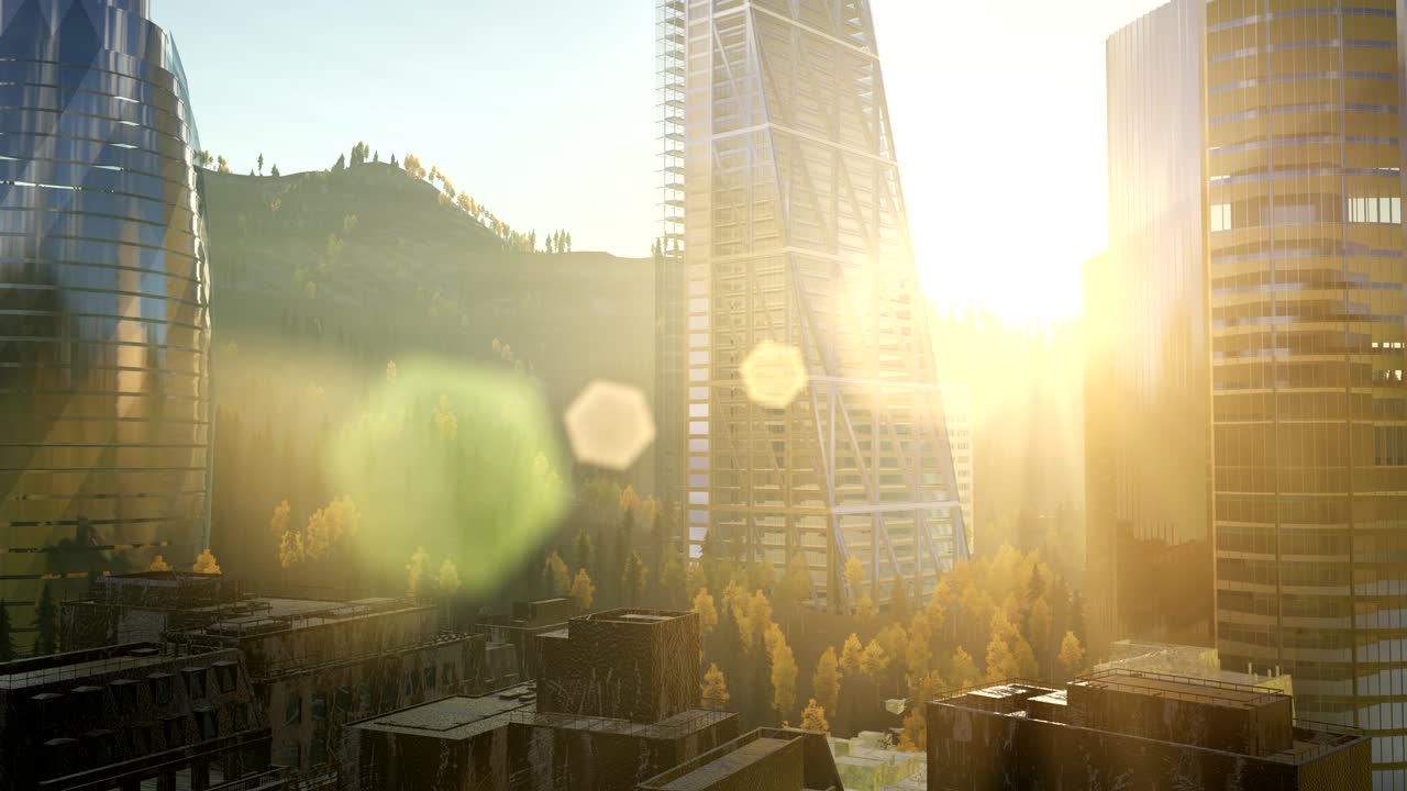arranha-céus da cidade com brilhos brilhantes ao pôr-do-sol