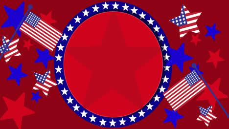 animation of circle with copy space, stars and flags of united states of america on red background