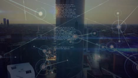 animation of network of connections and data processing over cityscape
