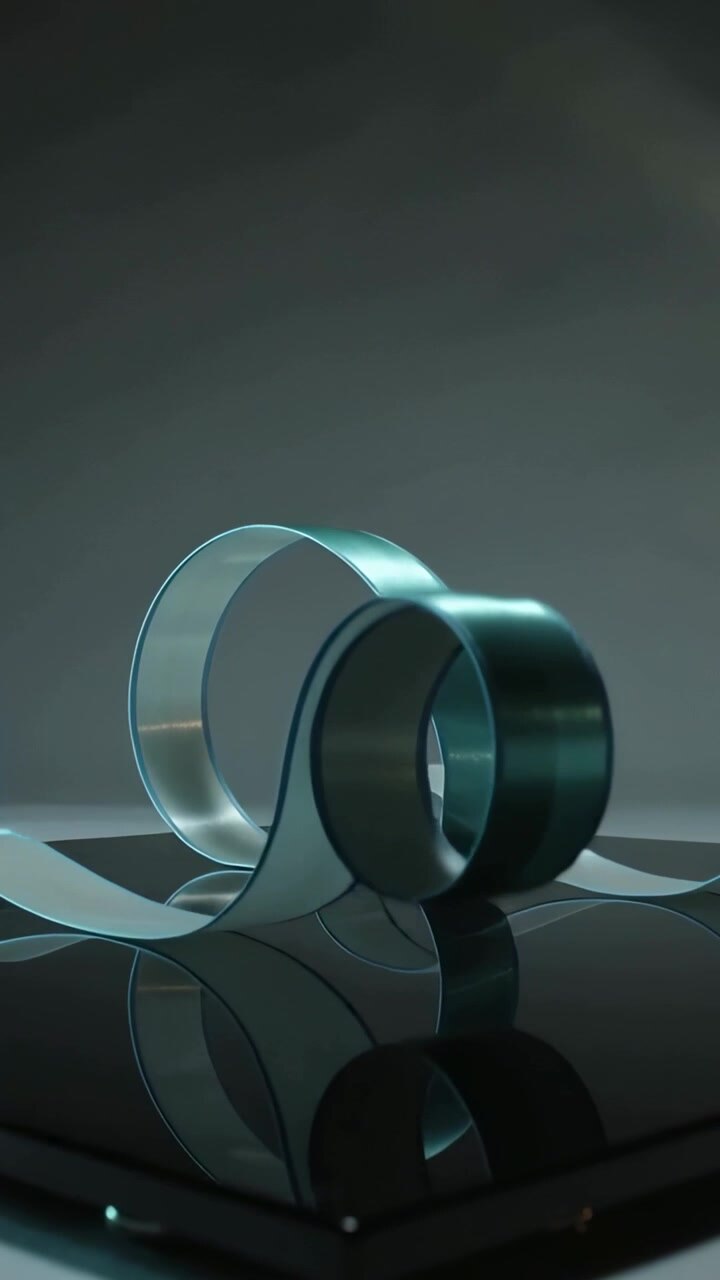 Vertical video: On play metallic teal ribbon looping, settling above slab in studio, showing sheen