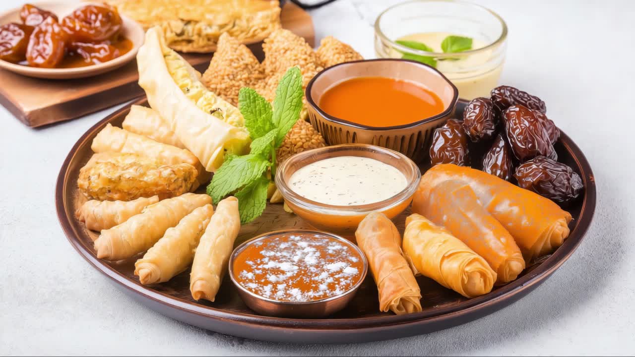 A vibrant assortment of Middle Eastern appetizers and dips arranged on a round platter, highlighting textures, colors, and garnishes, creating an inviting culinary scene