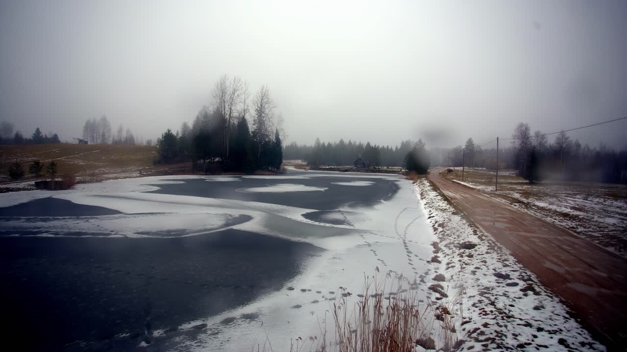 A quiet rural landscape shows a partially frozen pond bordered by snow and a dirt road, surrounded by bare trees under a gray, overcast winter sky.