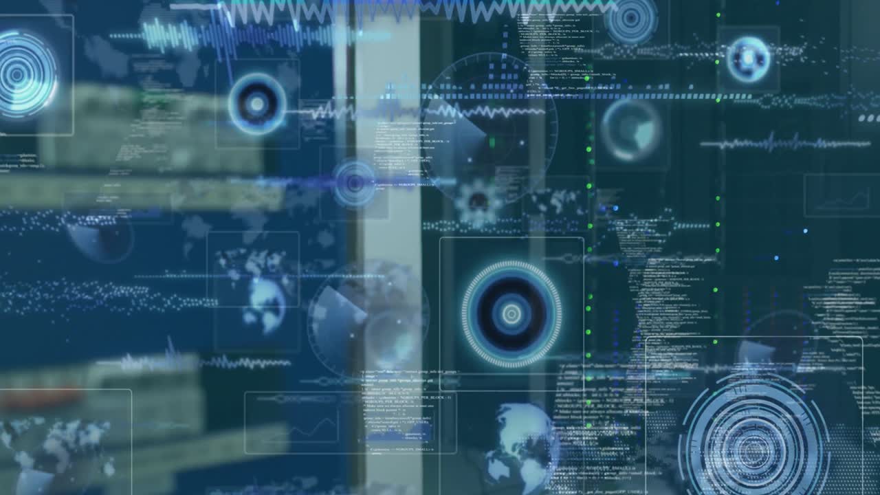 Animation of round scanners and data processing against computer server room