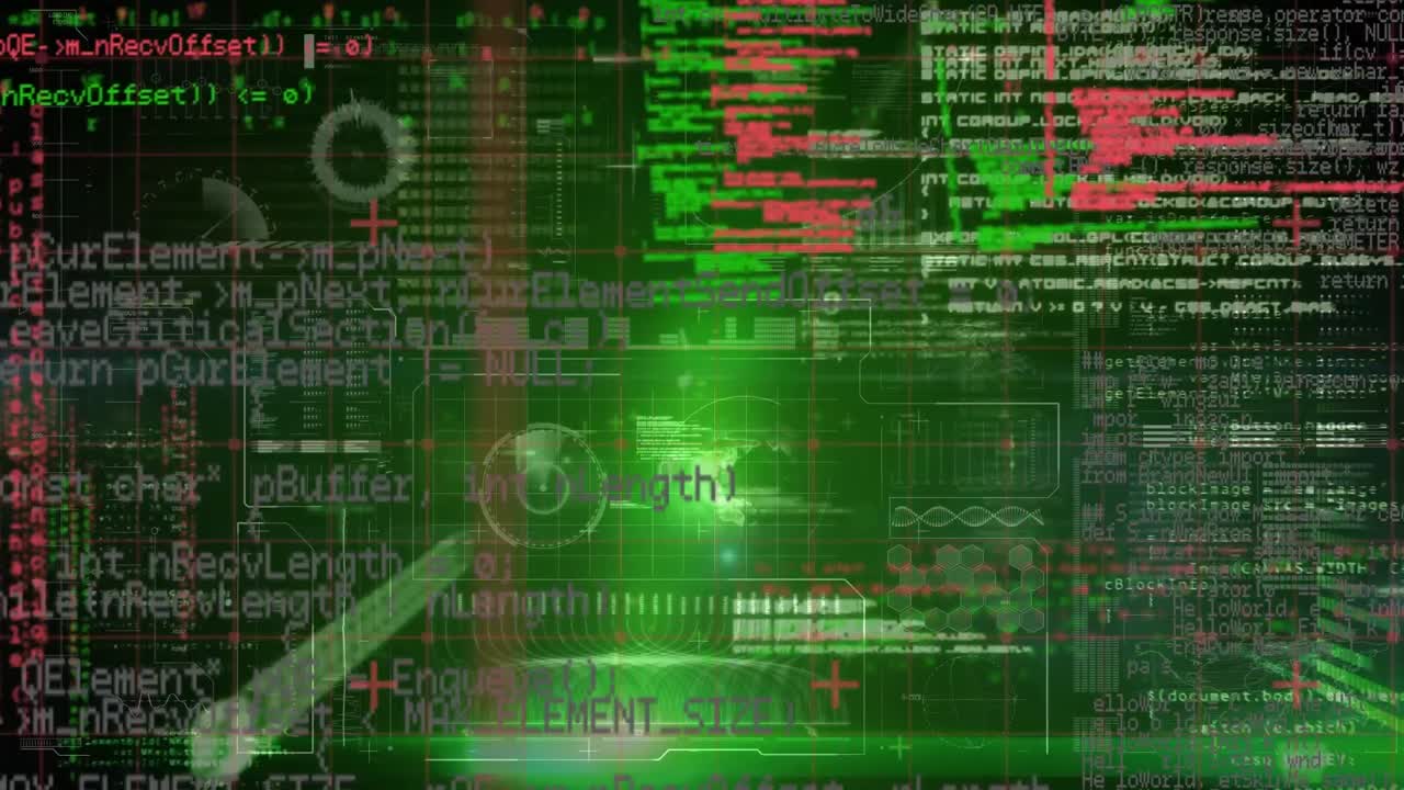 animación de la interfaz con procesamiento de datos y punto verde de luz contra fondo negro