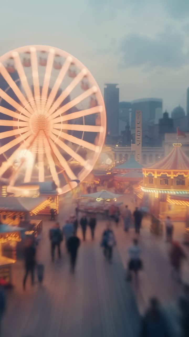 Vertical video: Rotating Ferris wheel attracting visitors along wooden pier at dusk, copy space