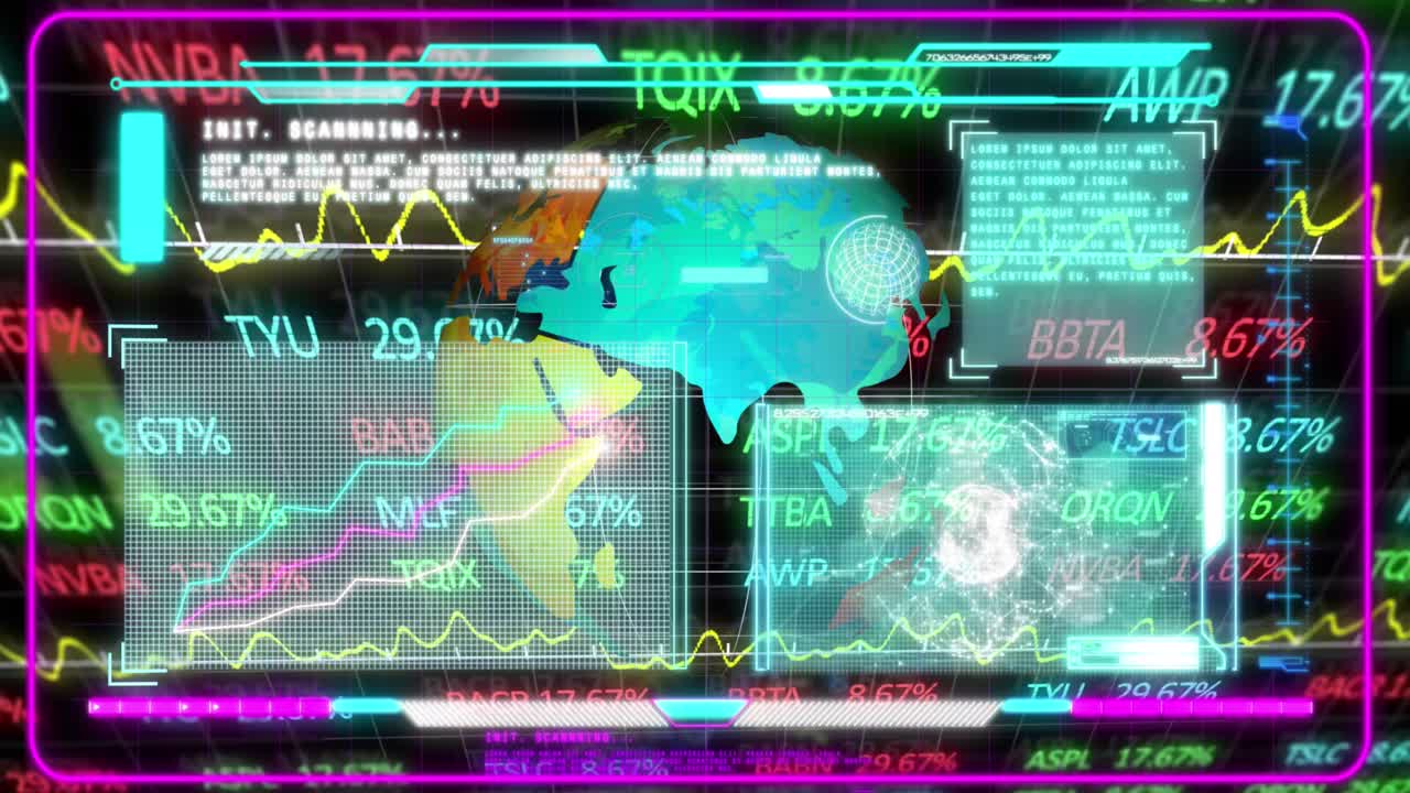 This video shows a globe rotating over financial data and graphs