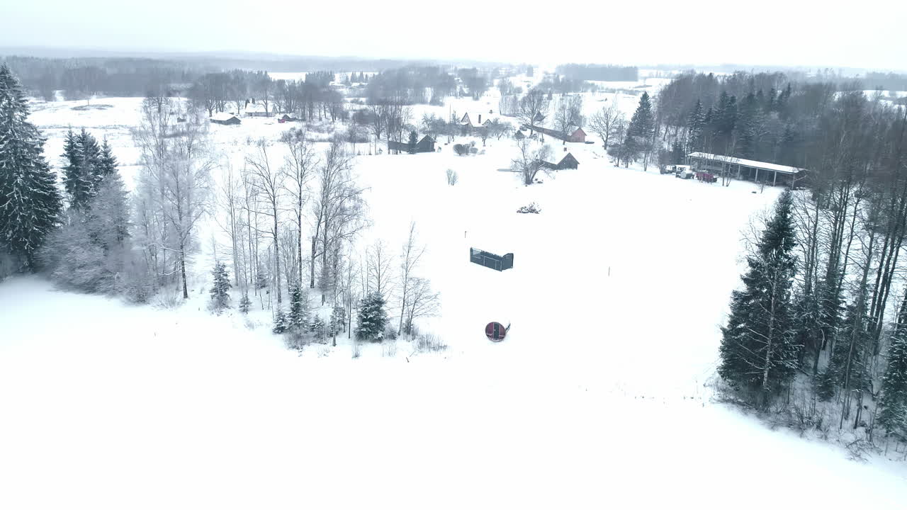 Aerial view of town, frozen landscape adorned with serene blanket of snow