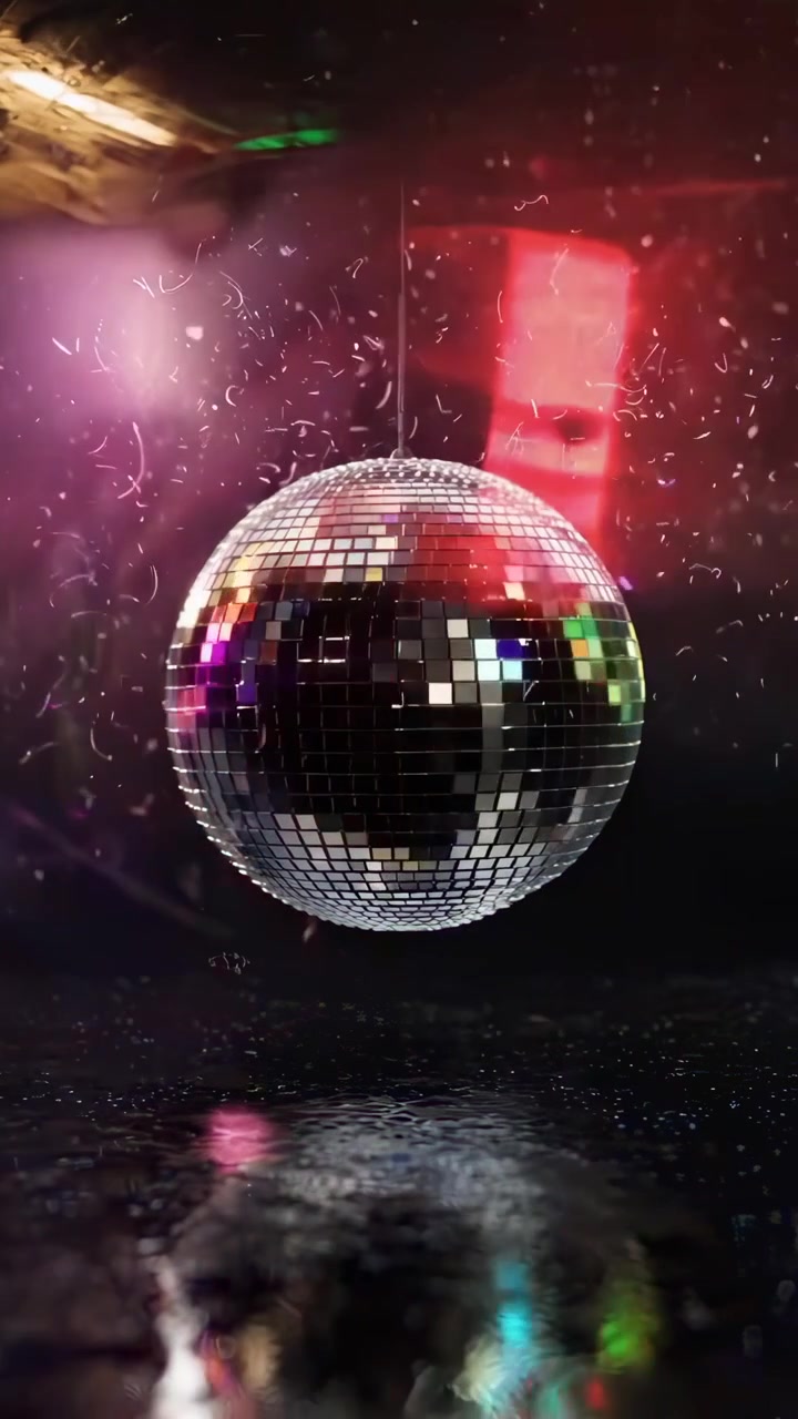 Palla da discoteca brillante che riflette luci al neon vibranti e coriandoli