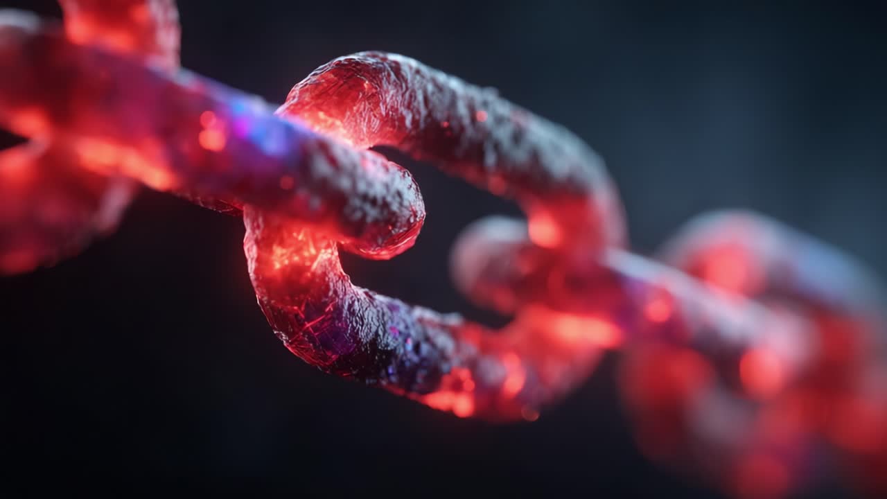 Shimmering Red Links of a Chain Highlighting Strength and Connection in a Darkened Background, Representing Resilience and Unity in Symbolic Imagery