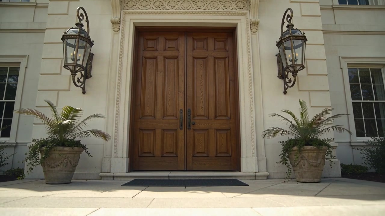 Câmera se aproximando de uma porta dupla de madeira em uma casa clássica, mostrando capacho e lanternas