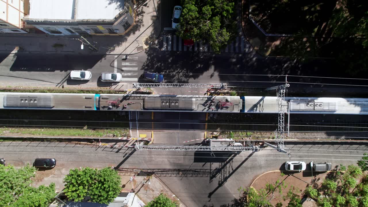 Top View of Level Crossing Intersection Railway Line and Road, La Plata