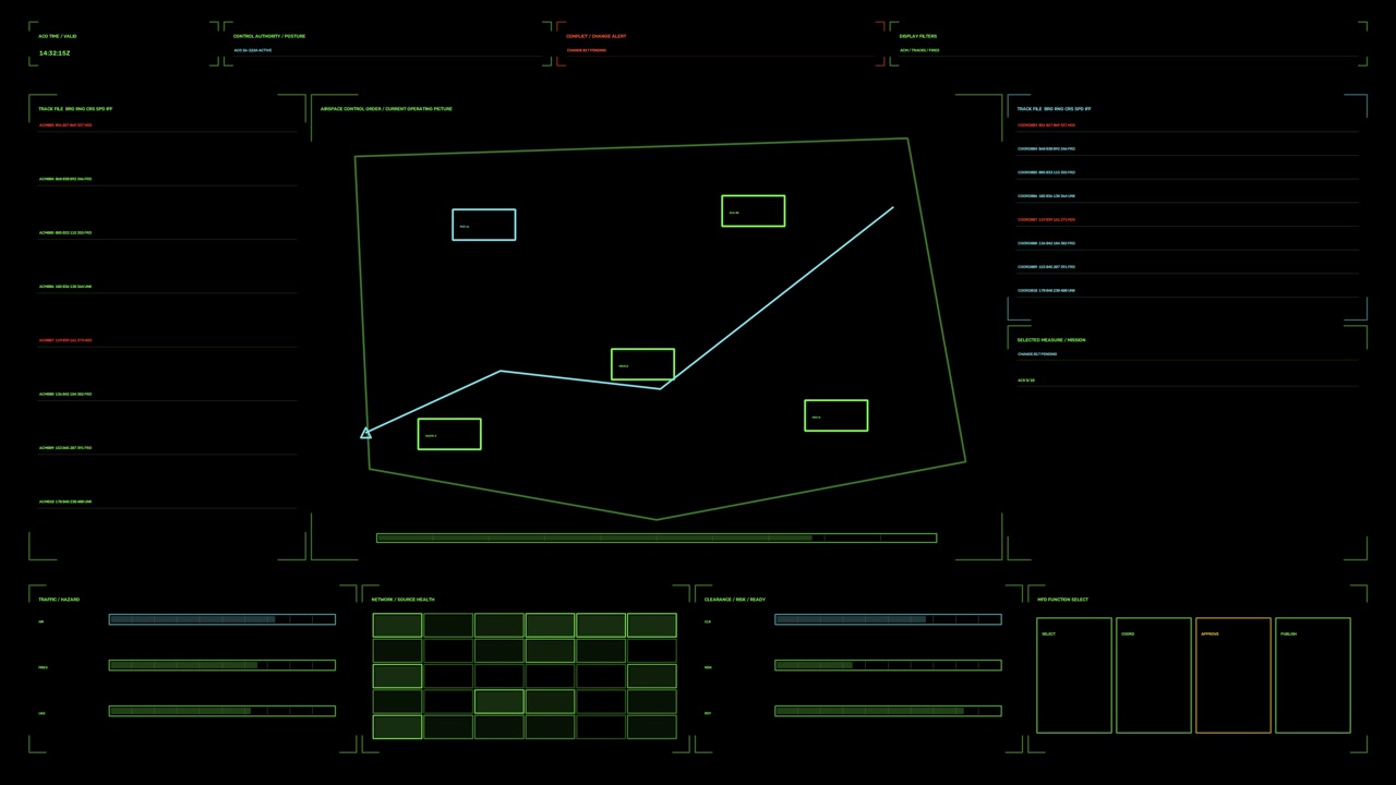 Military targeting HUD for war documentary graphics, with central airspace track boxes, route lines, status panels, and green cyan graphics on black. The command interface loops seamlessly for defense