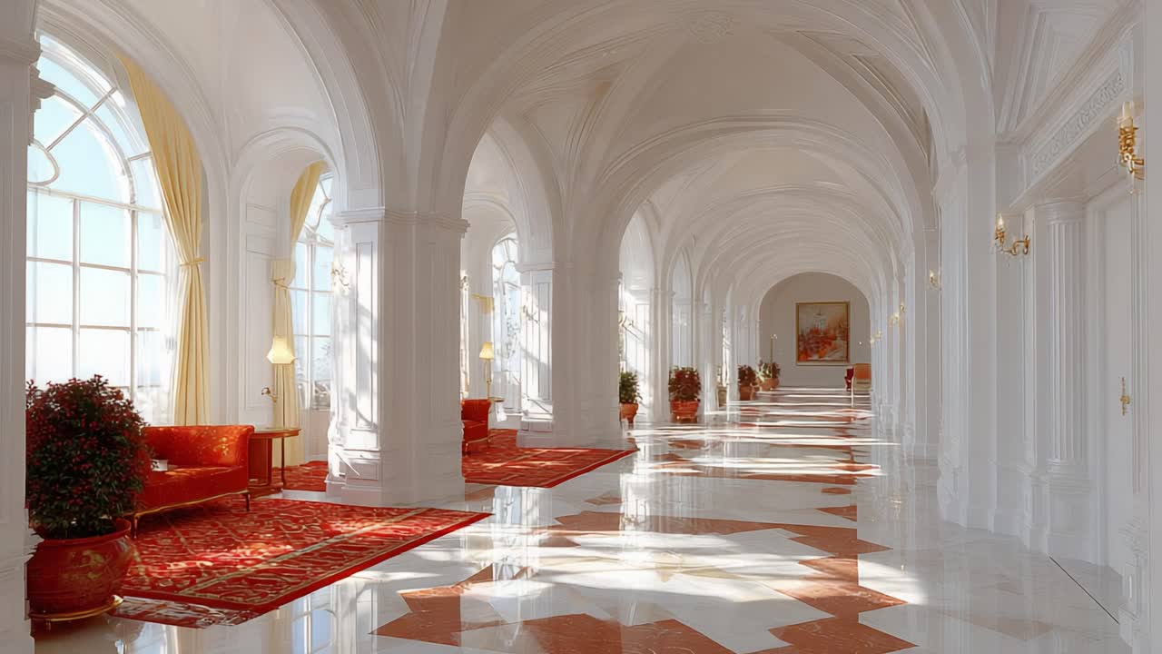 Elegant Grand Hallway Featuring Beautiful Architectural Designs, Luxurious Furniture, and Sunlight Streaming Through Majestic Windows Enhancing the Opulent Atmosphere
