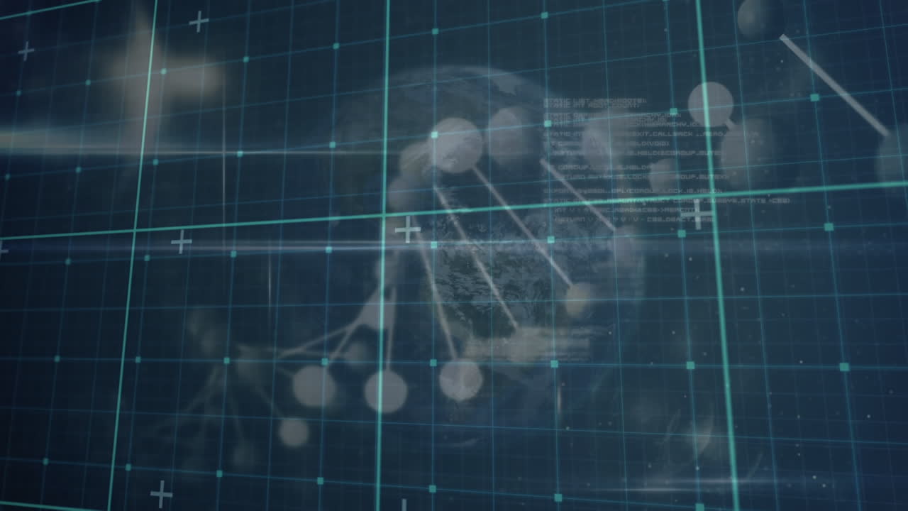 파란색 배경의 지구에 대해 회전하는 dna 구조 위의 그리드 네트워크의 애니메이션