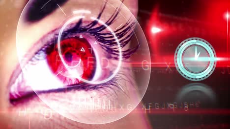 animation of digital interface and clock over woman's eyes