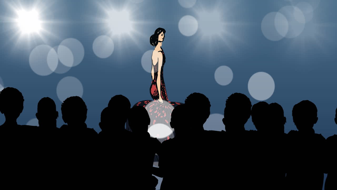 animación de moda dibujo de modelo en la pasarela en un desfile de moda, sobre fondo azul