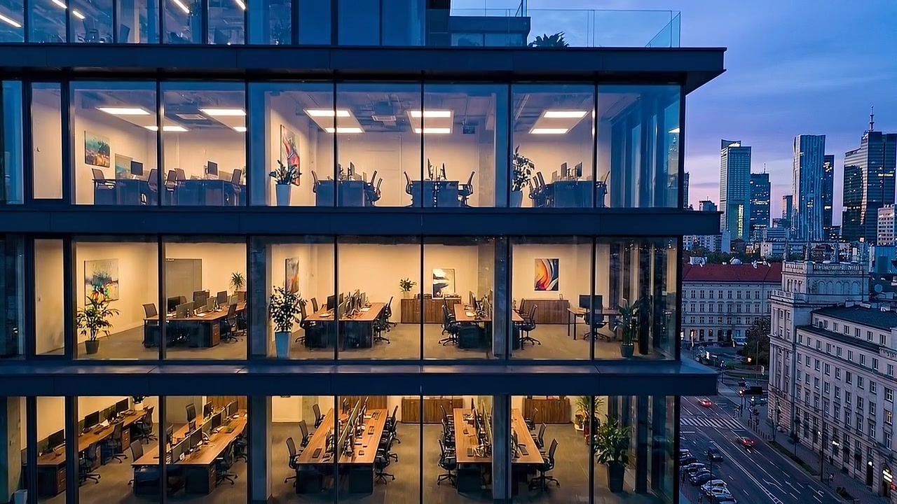 Modern commercial office building with reflective glass facade