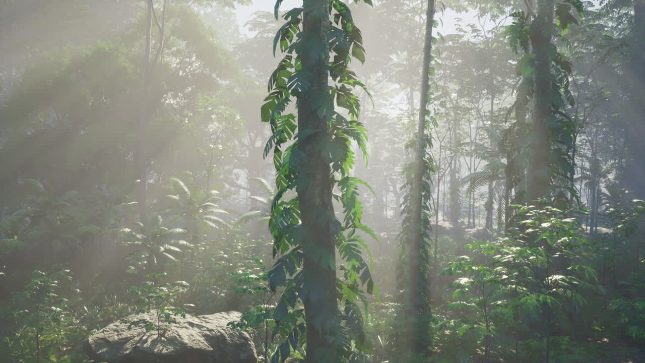 rayos de sol a través de la niebla en un denso bosque tropical