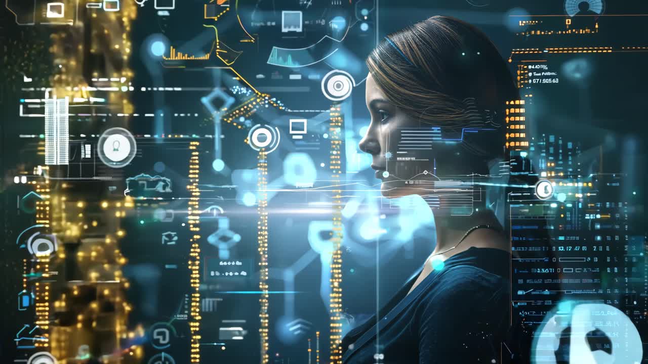 A woman's face is displayed on a computer screen with a lot of numbers and symbols surrounding her. Concept of technology and complexity