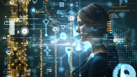 a woman's face is displayed on a computer screen with a lot of numbers and symbols surrounding her. concept of technology and complexity
